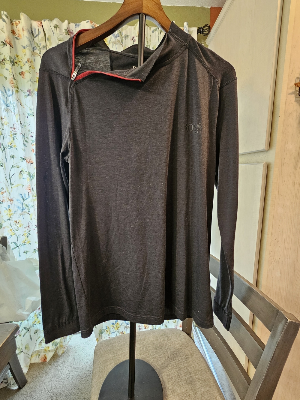 BOSS Black Long-Sleeve Zip-Neck Tee with Red Trim